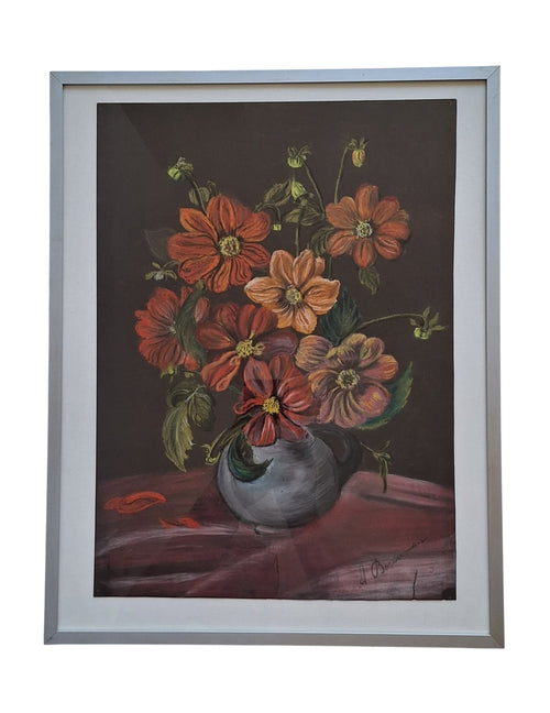 Bloemenstilleven - Gesigneerd A. Bouman, Krijt op Papier, Ingelijst met Glas