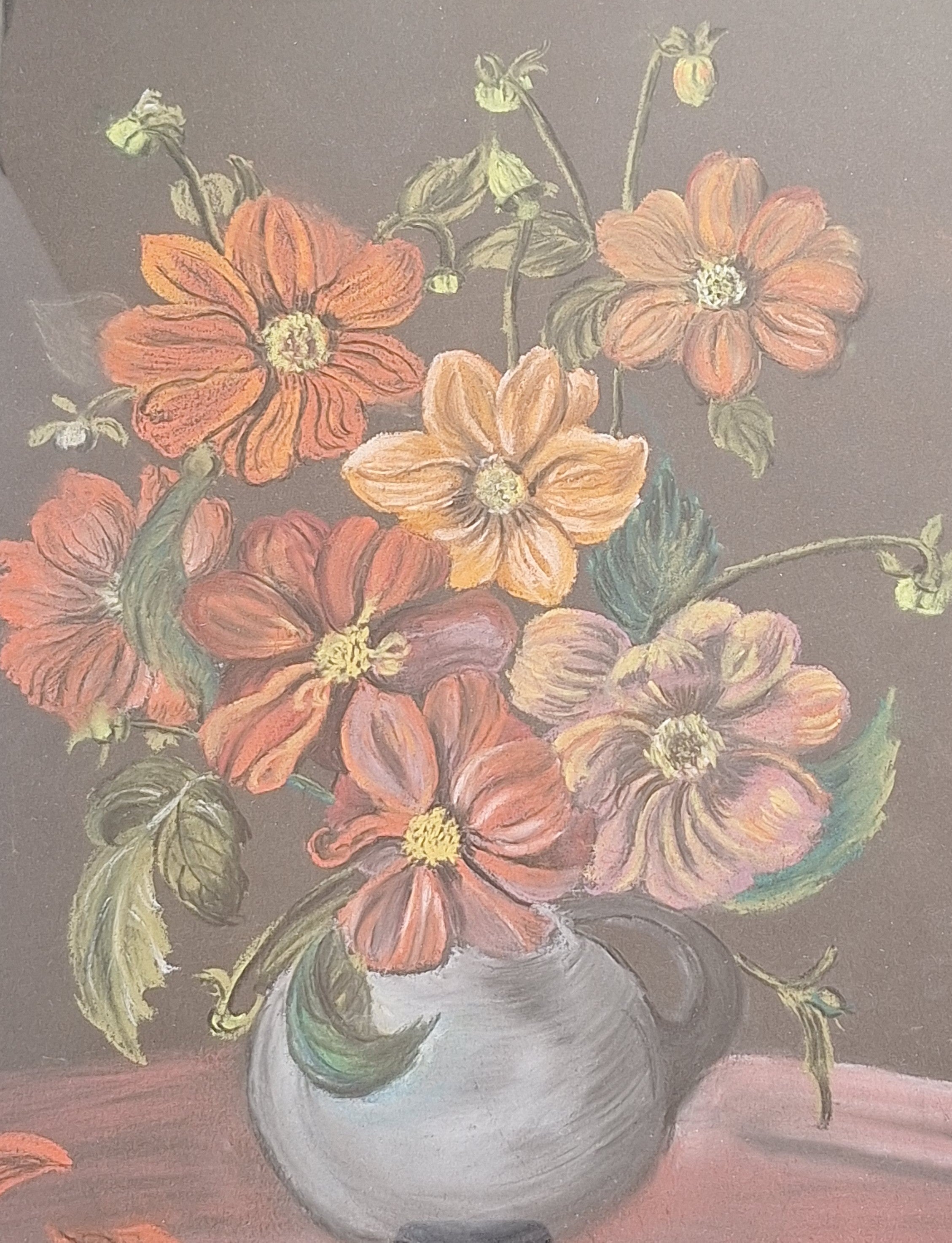 Bloemenstilleven op Krijt - Gesigneerd A. Bouman Ingelijst met Glas
