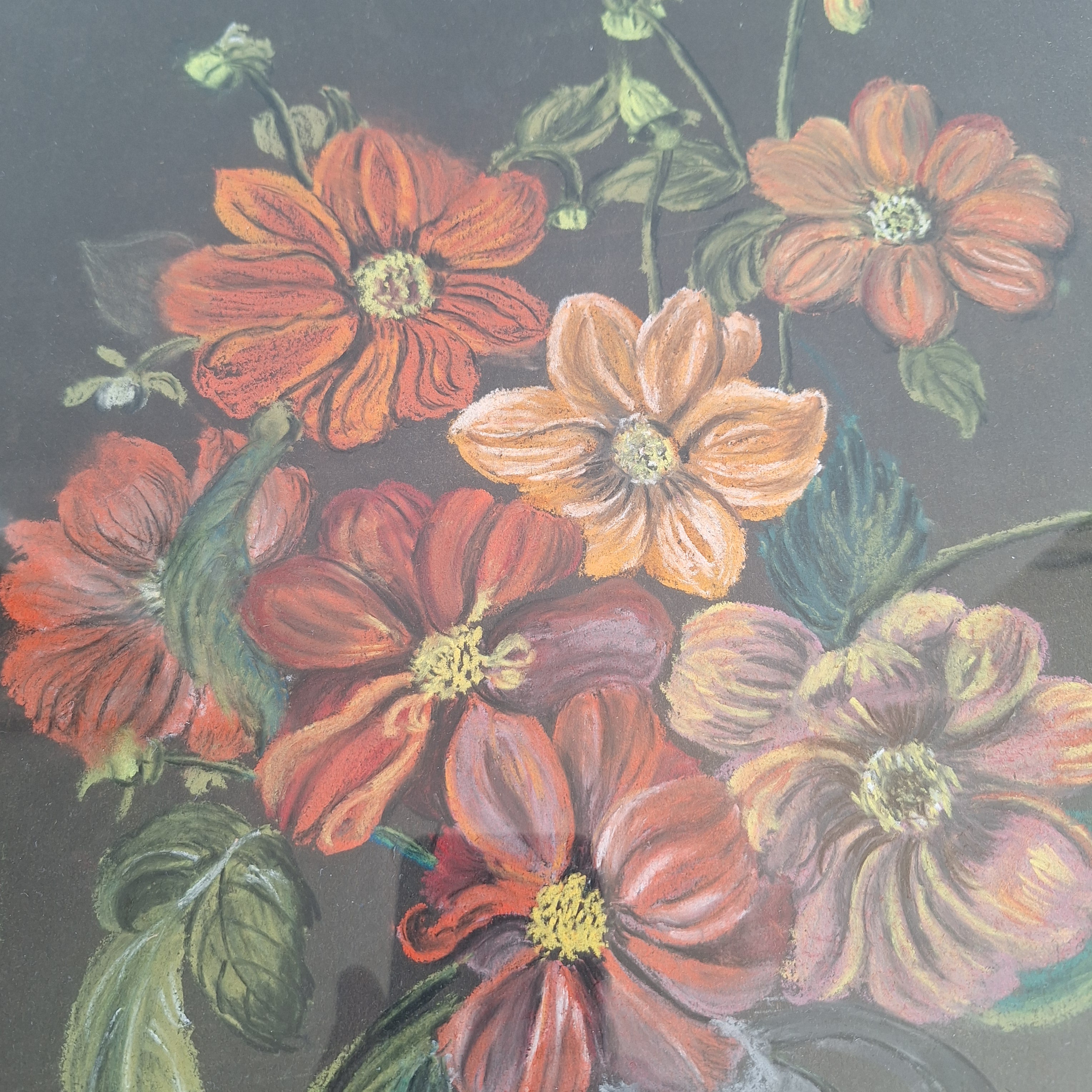 Bloemenstilleven op Krijt - Gesigneerd A. Bouman Ingelijst met Glas