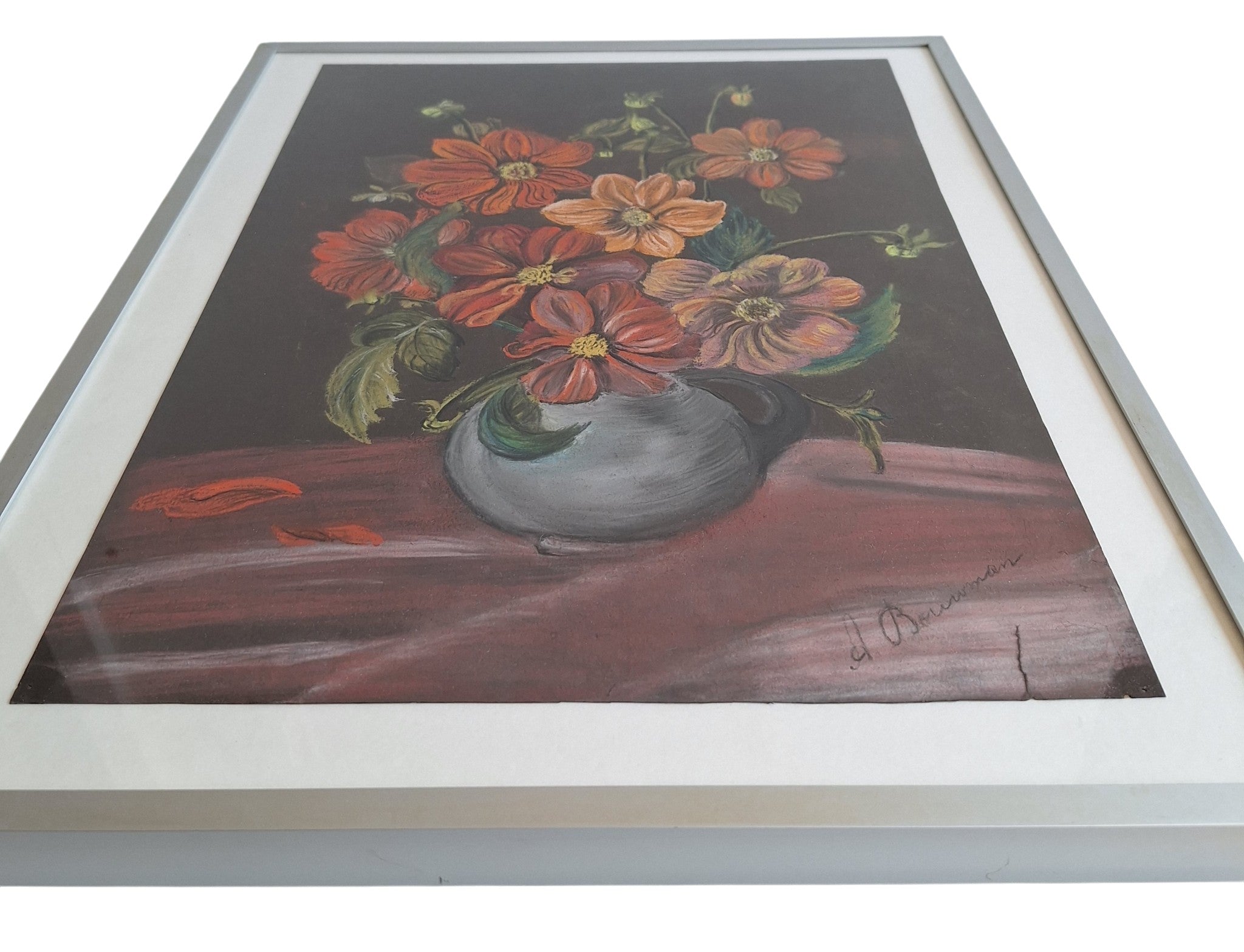 Bloemenstilleven op Krijt - Gesigneerd A. Bouman Ingelijst met Glas