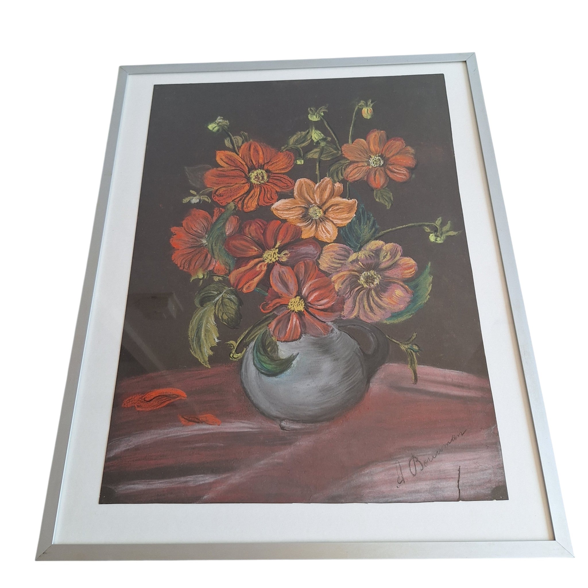 Bloemenstilleven op Krijt - Gesigneerd A. Bouman Ingelijst met Glas