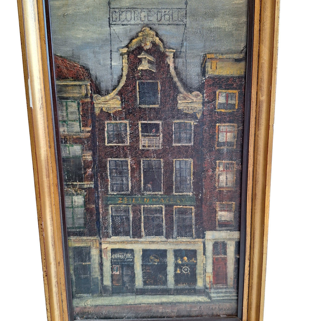 Olieverf op Board Ingelijst - A. Oldenhove Amsterdams Grachtenpand Prins Hendrikkade