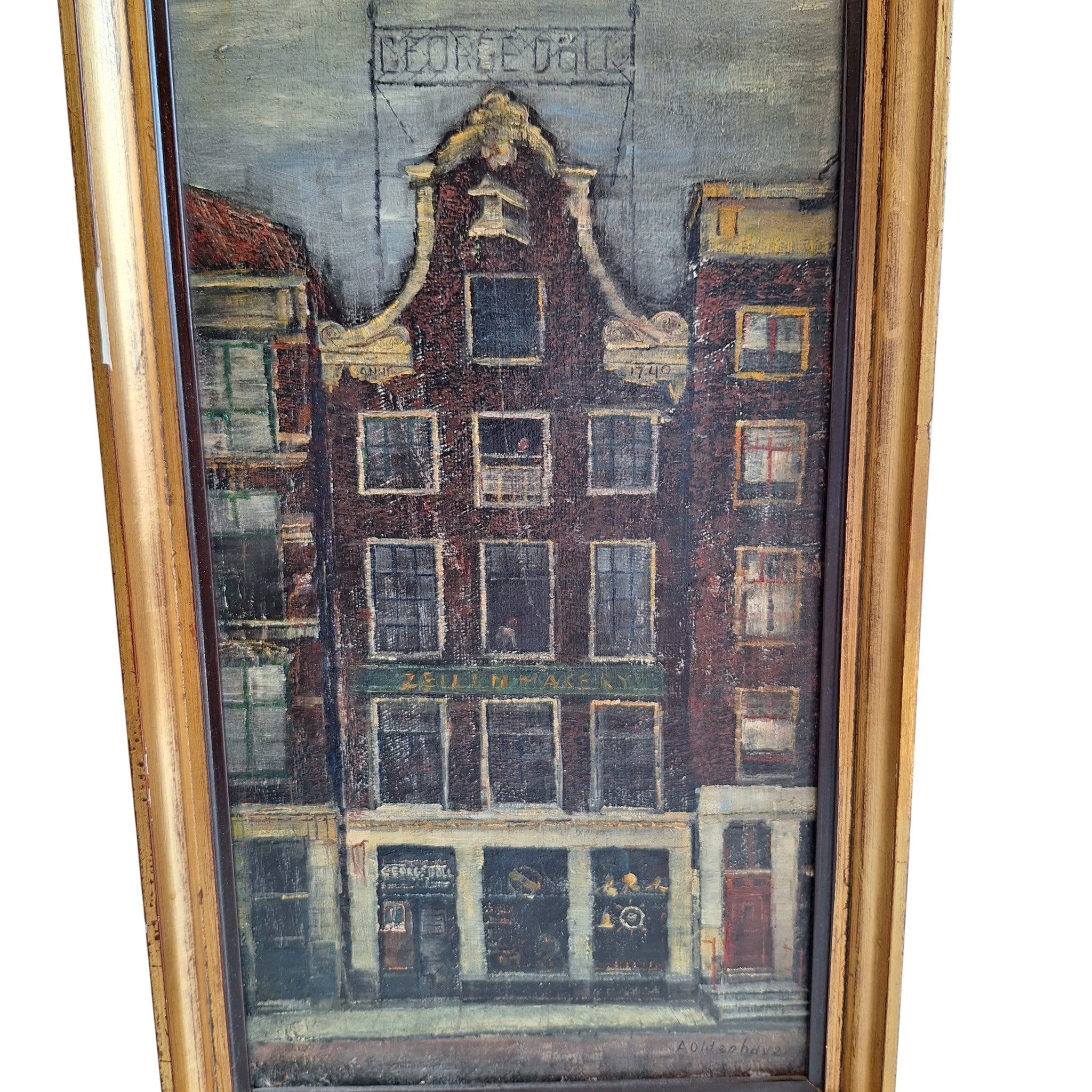 Olieverf op Board Ingelijst - A. Oldenhove Amsterdams Grachtenpand Prins Hendrikkade
