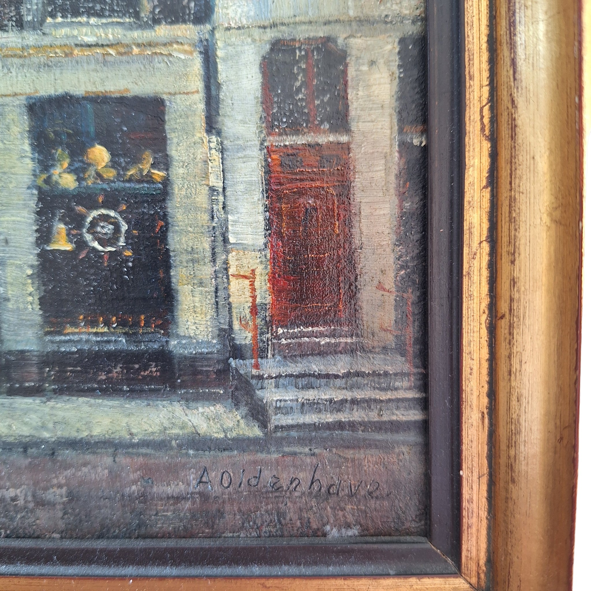 Olieverf op Board Ingelijst - A. Oldenhove Amsterdams Grachtenpand Prins Hendrikkade