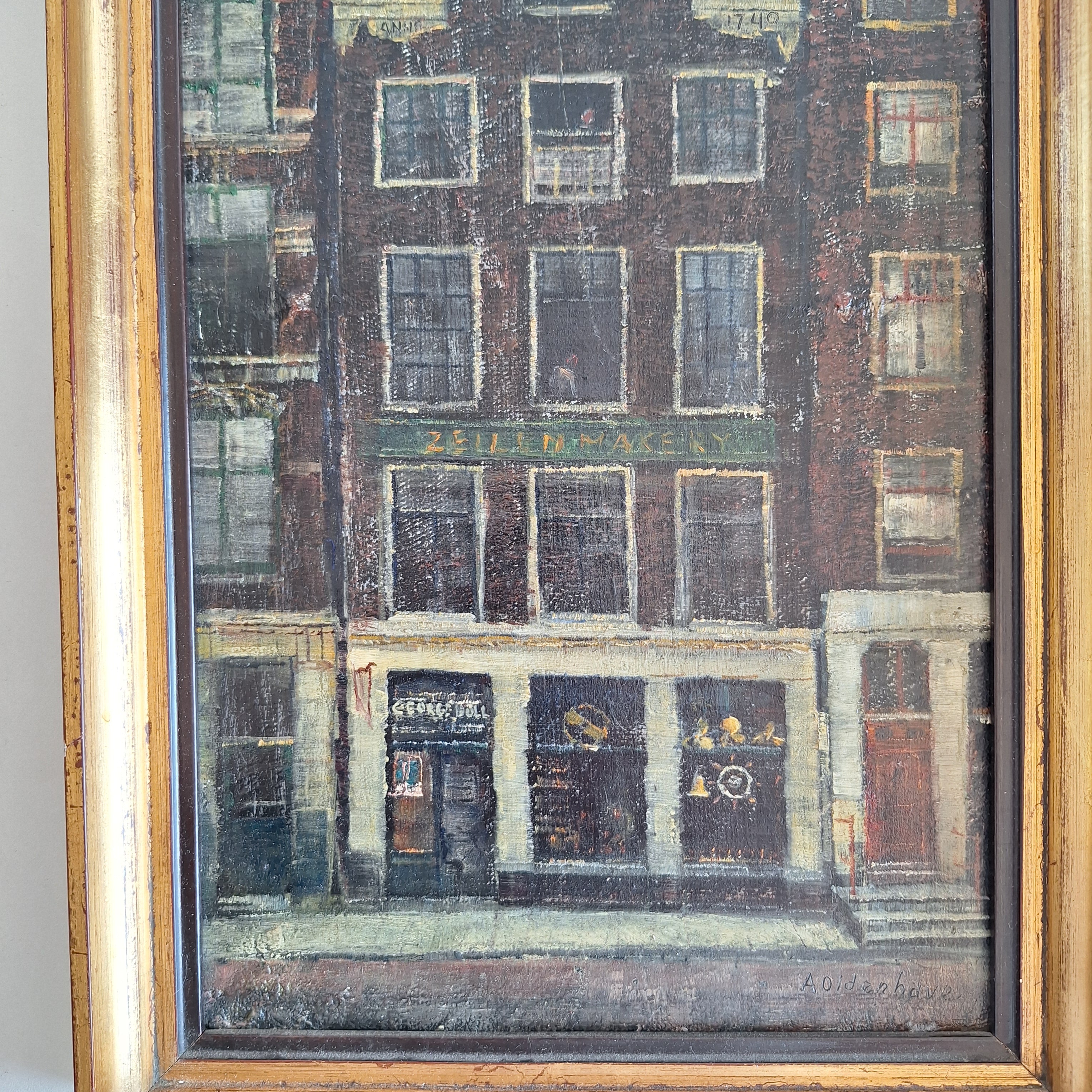 Olieverf op Board Ingelijst - A. Oldenhove Amsterdams Grachtenpand Prins Hendrikkade