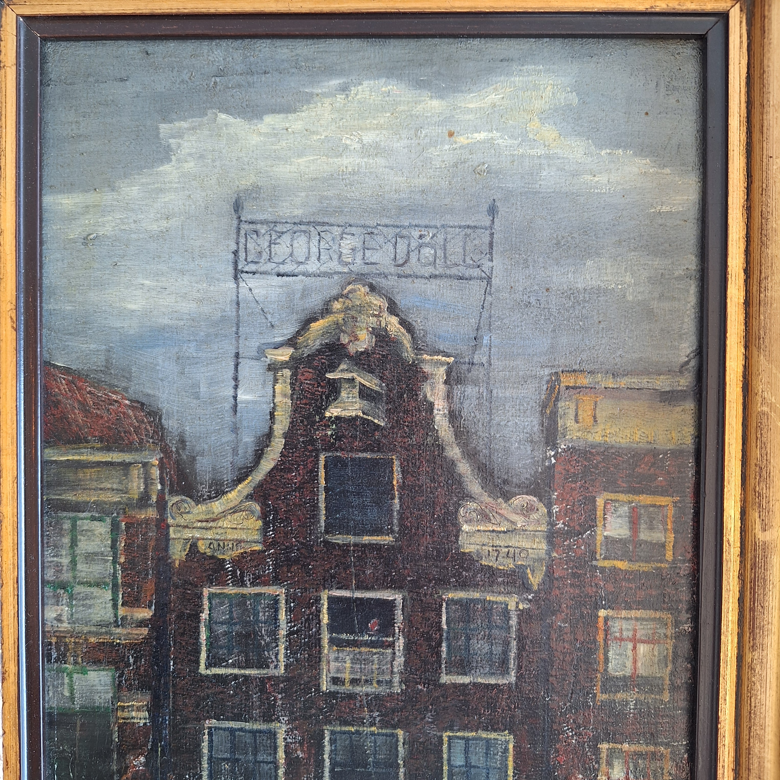 Olieverf op Board Ingelijst - A. Oldenhove Amsterdams Grachtenpand Prins Hendrikkade