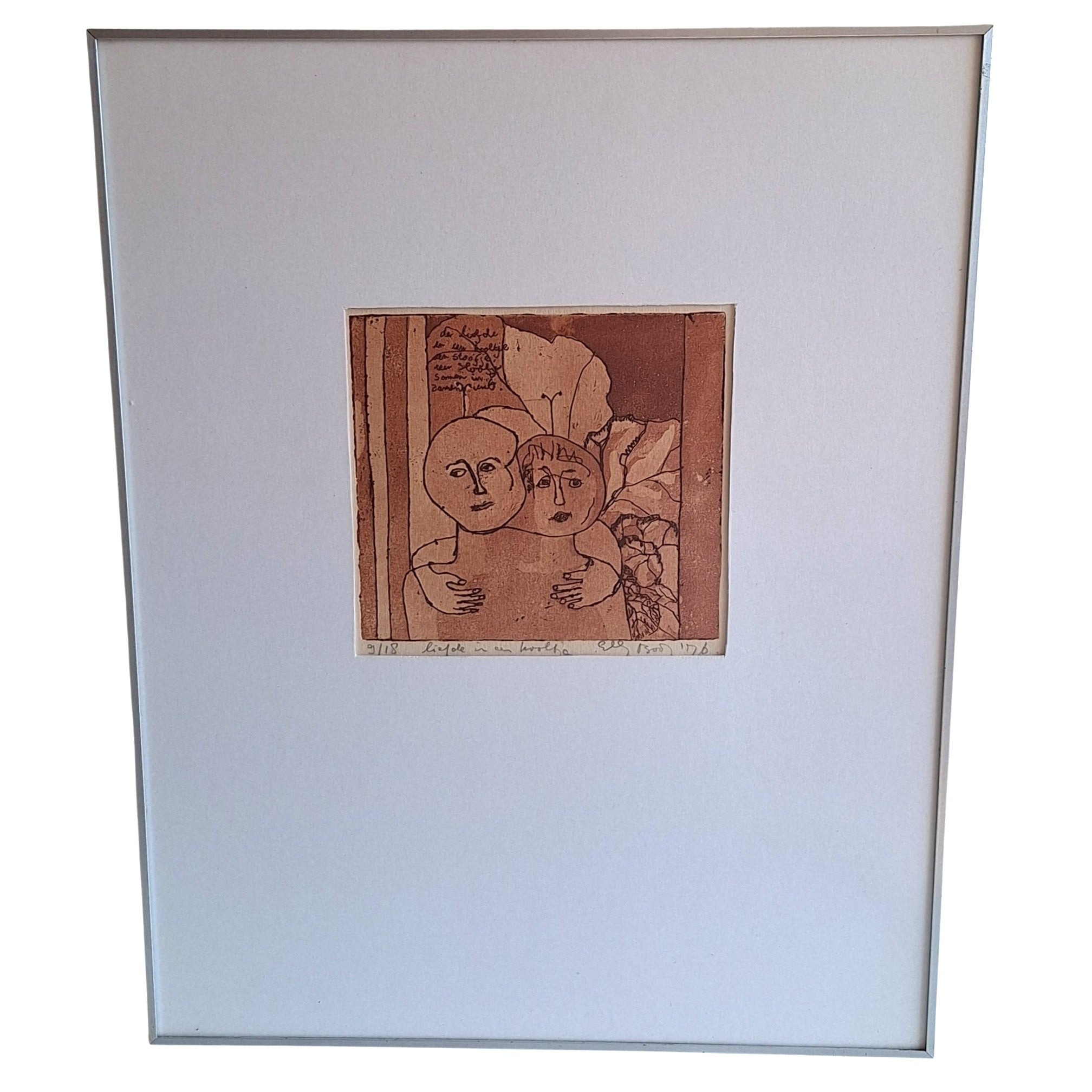 Ets Ingelijst - Liefde in een Kooltje 9/18 Gesigneerd 1976