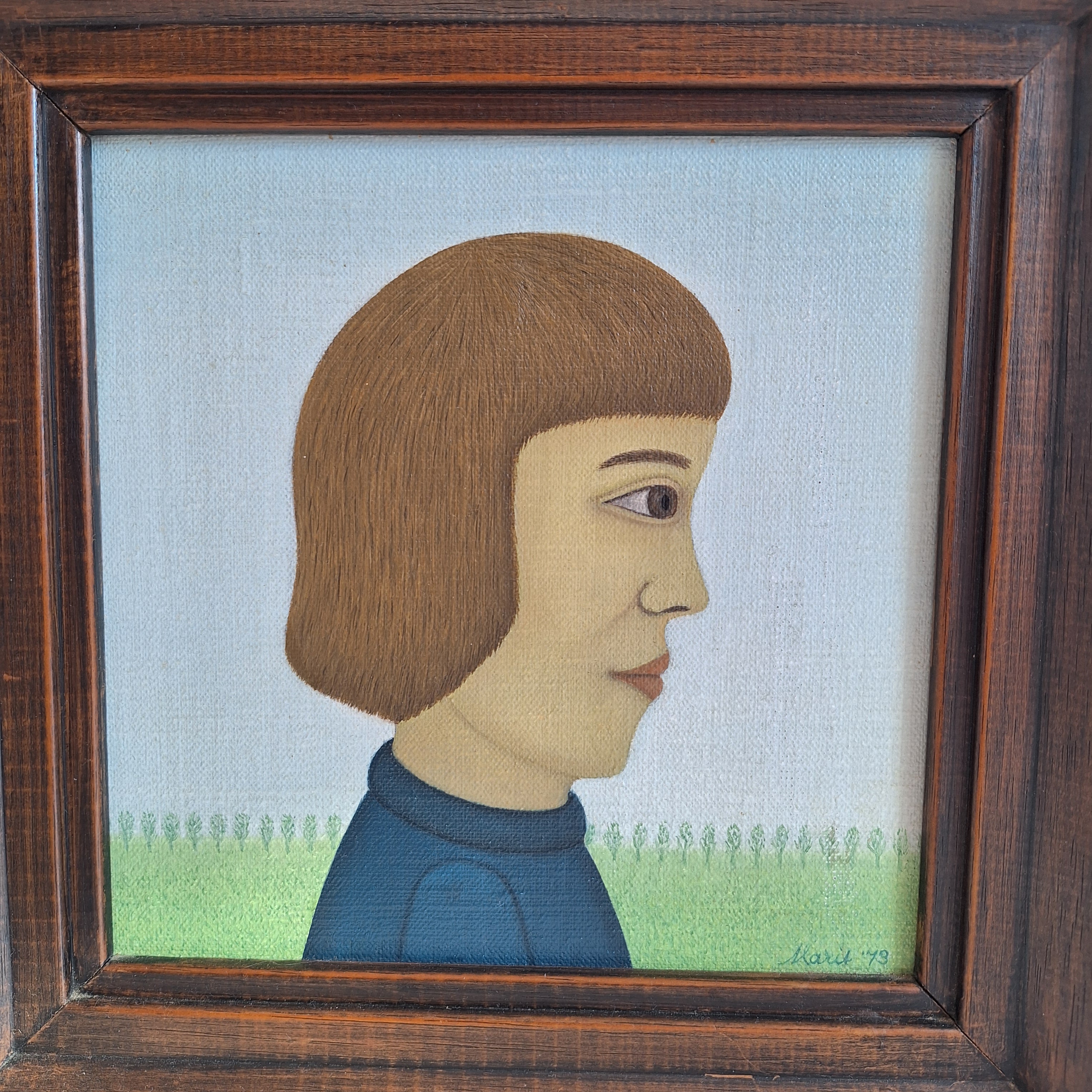 Olieverfschilderij Meisjesportret - Marit L'Herminez 1973 - 23,6 x 23,6 cm