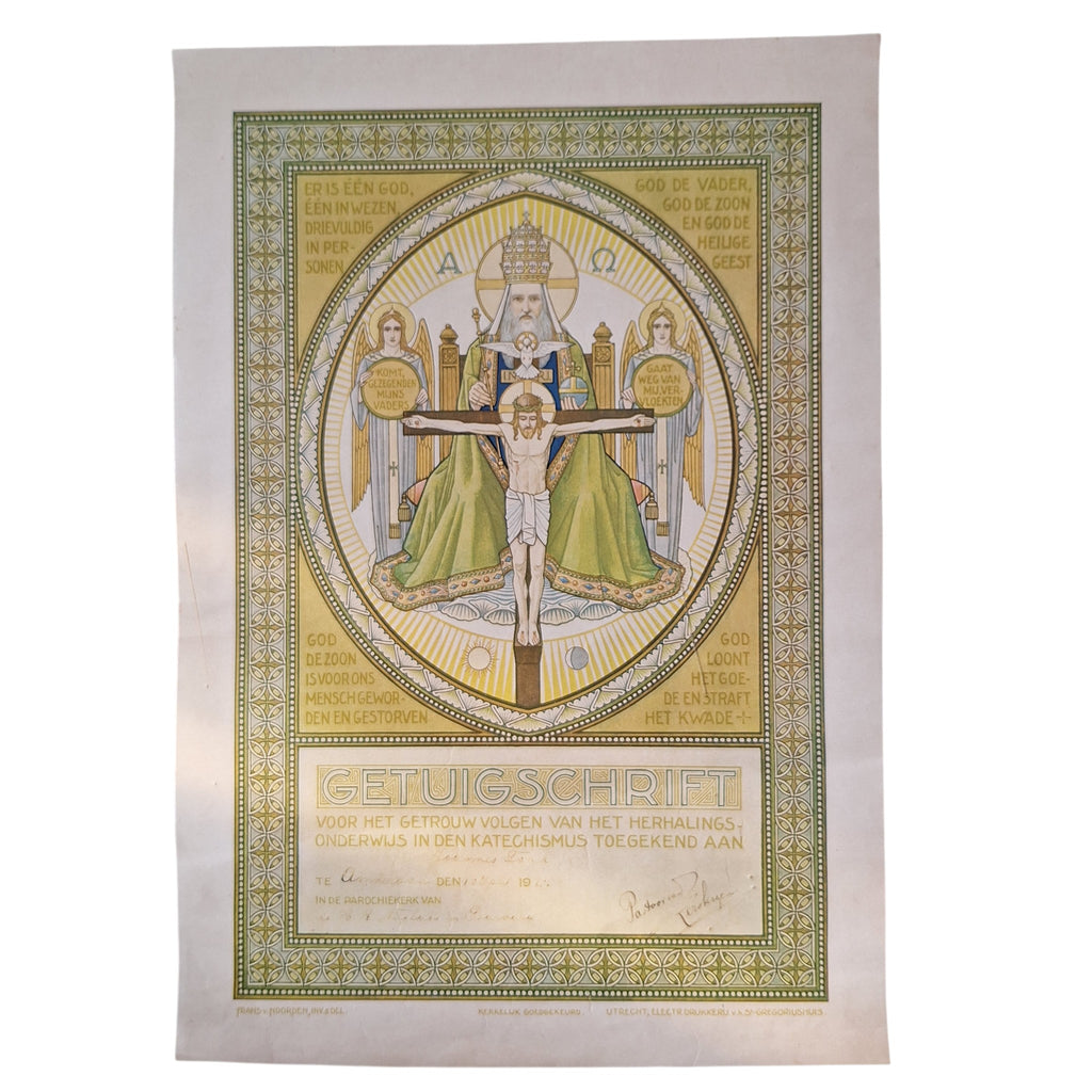 Getuigschrift Catechismus 1925 - Heilige Drie-eenheid Art Nouveau