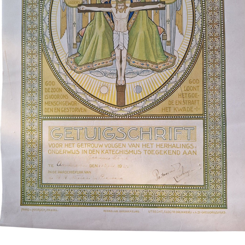 Getuigschrift Catechismus 1925 - Heilige Drie-eenheid Art Nouveau