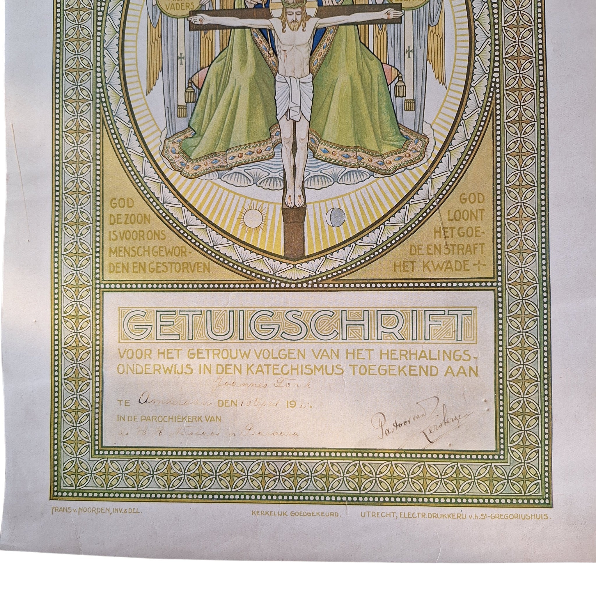 Getuigschrift Catechismus 1925 - Heilige Drie-eenheid Art Nouveau