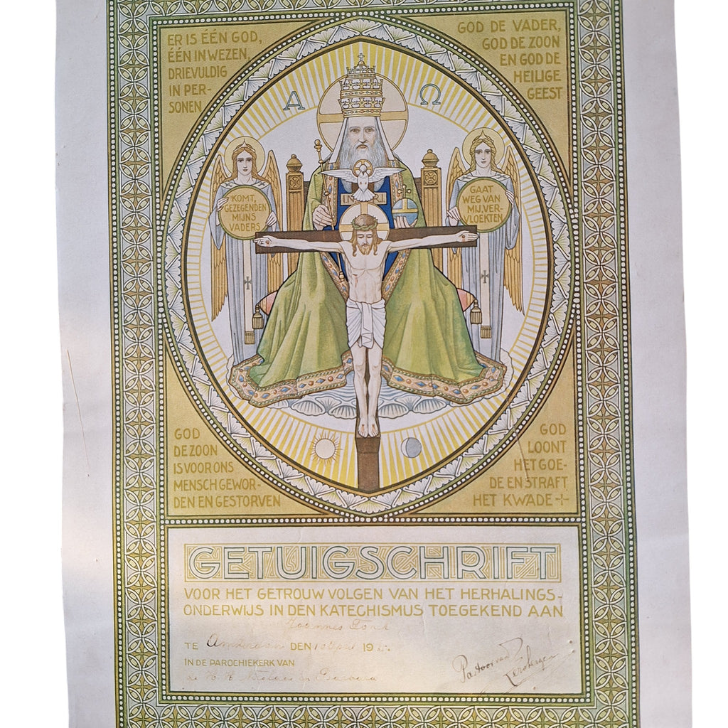 Getuigschrift Catechismus 1925 - Heilige Drie-eenheid Art Nouveau