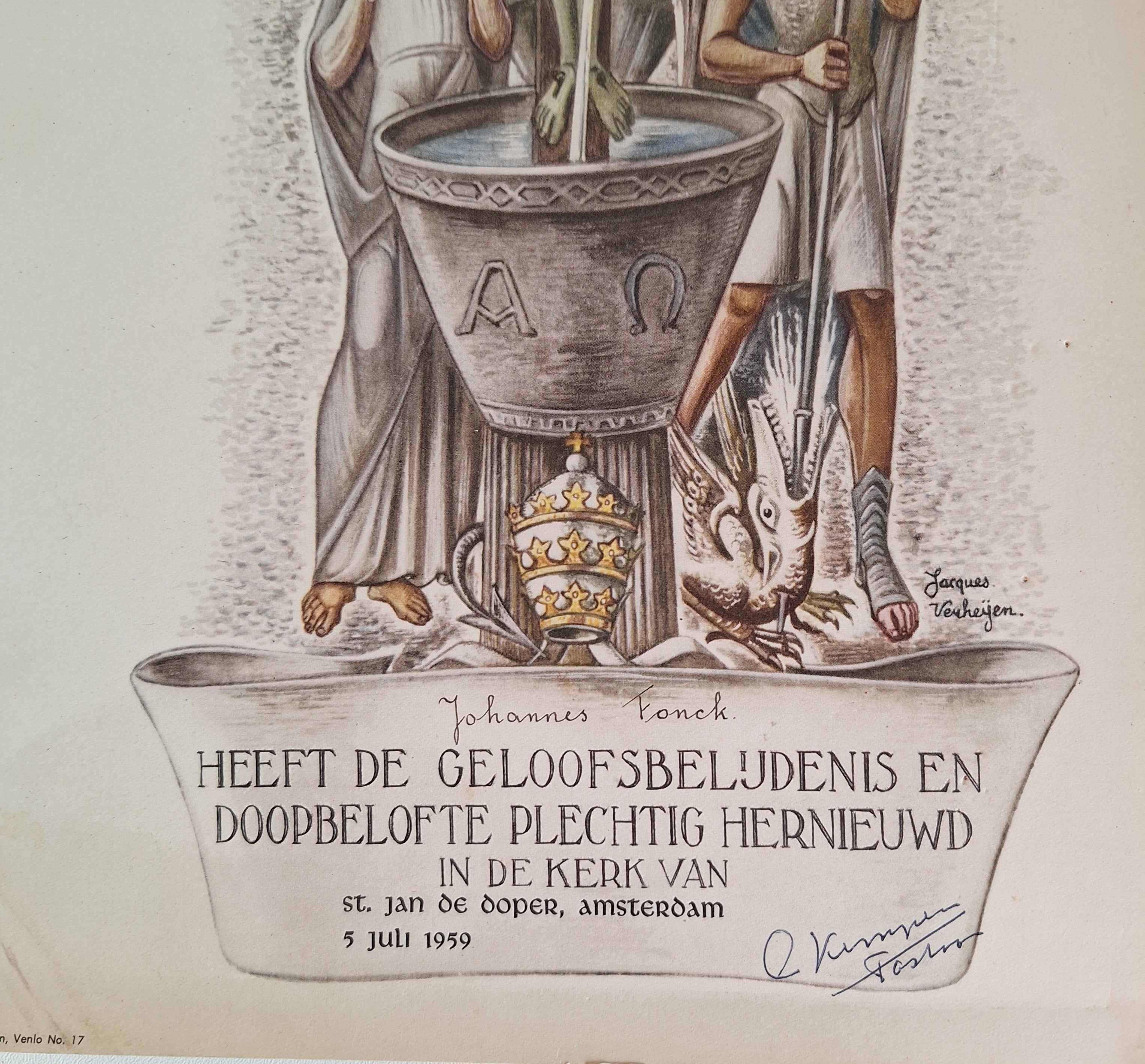 Herdenkingsprent Doopbelofte 1959 - Dom Jacques van der Meij - 37,5 x 23,3 cm