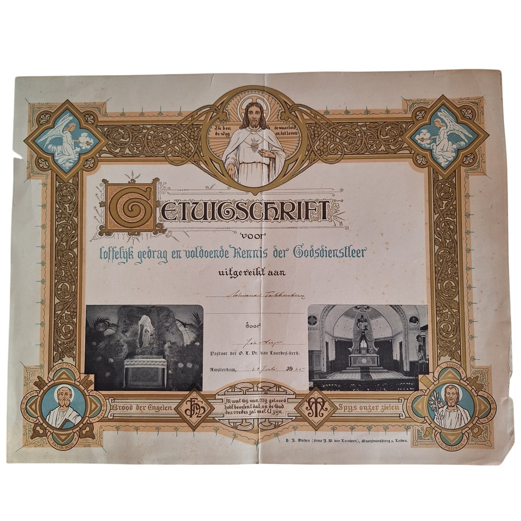 Getuigschrift Catechismus 1925 - Katholieke Oorkonde - 31,5 x 40 cm