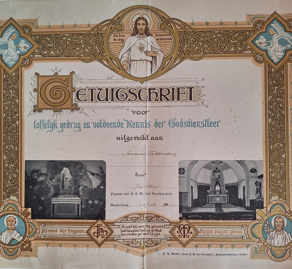 Getuigschrift Catechismus 1925 - Katholieke Oorkonde - 31,5 x 40 cm