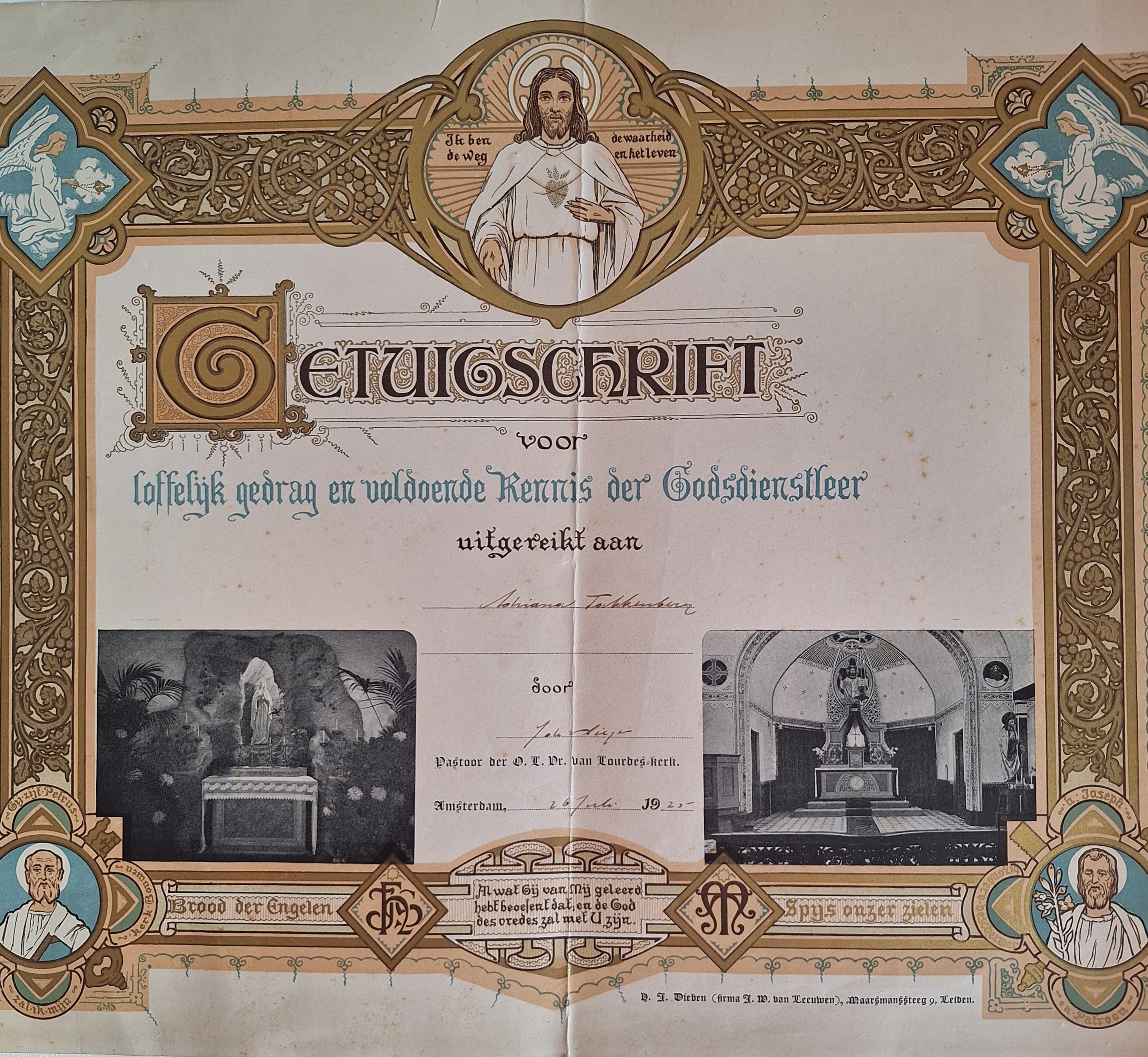 Getuigschrift Catechismus 1925 - Katholieke Oorkonde - 31,5 x 40 cm