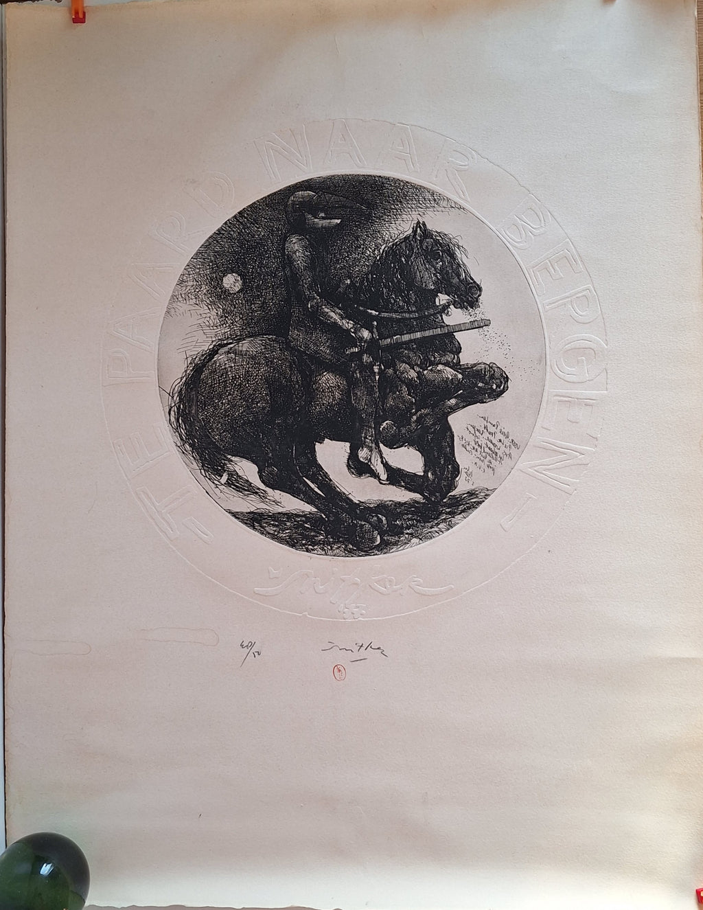 Te paard naar Bergen - Willem Snitker 1977 - Ets met Blinddruk - 65,5 x 50 cm