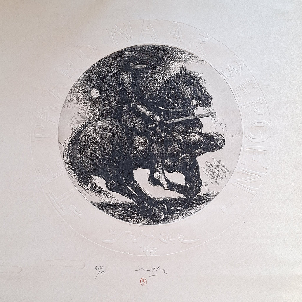 Te paard naar Bergen - Willem Snitker 1977 - Ets met Blinddruk - 65,5 x 50 cm
