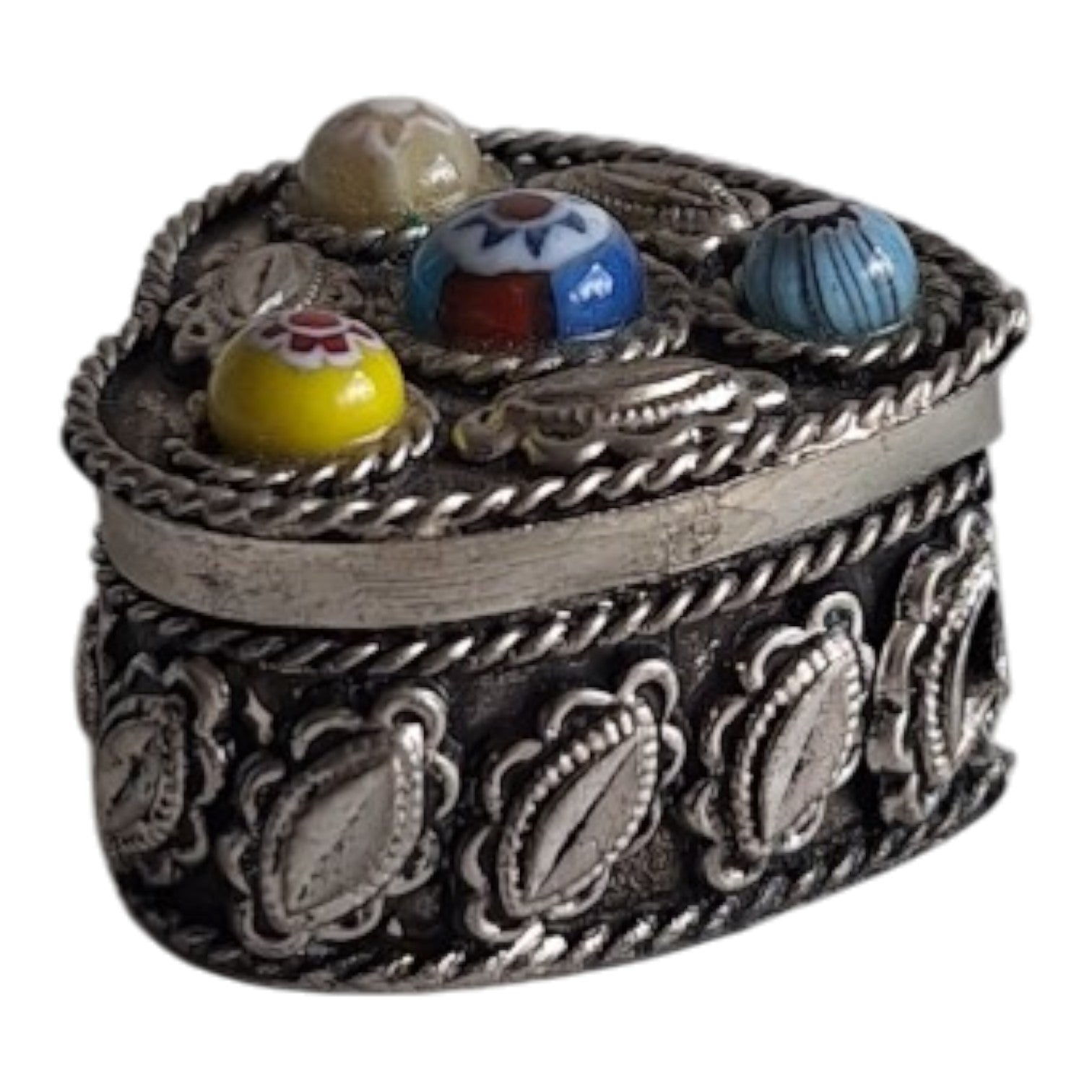 Verzilverd pillen- of ringendoosje - Murano stijl millefiori glaskralen