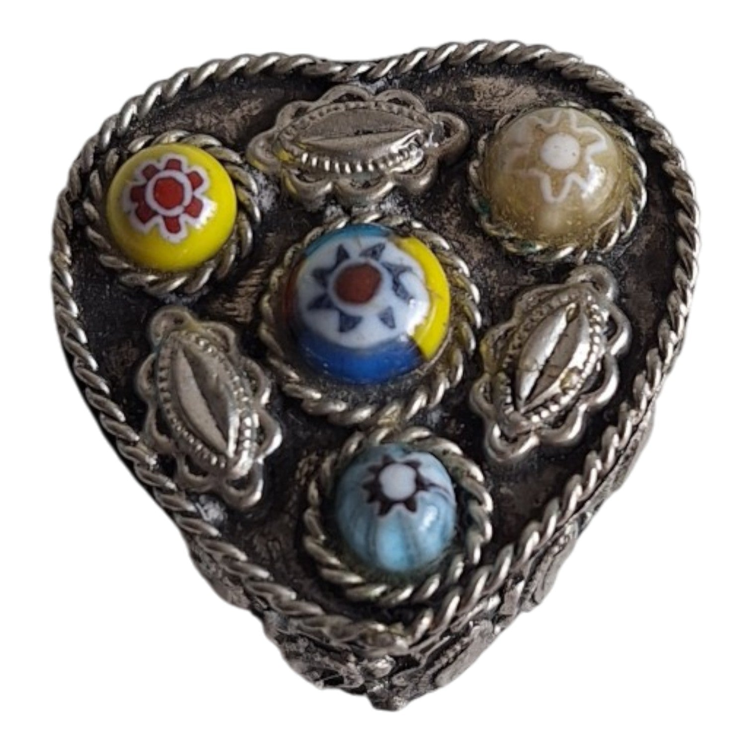 Verzilverd pillen- of ringendoosje - Murano stijl millefiori glaskralen