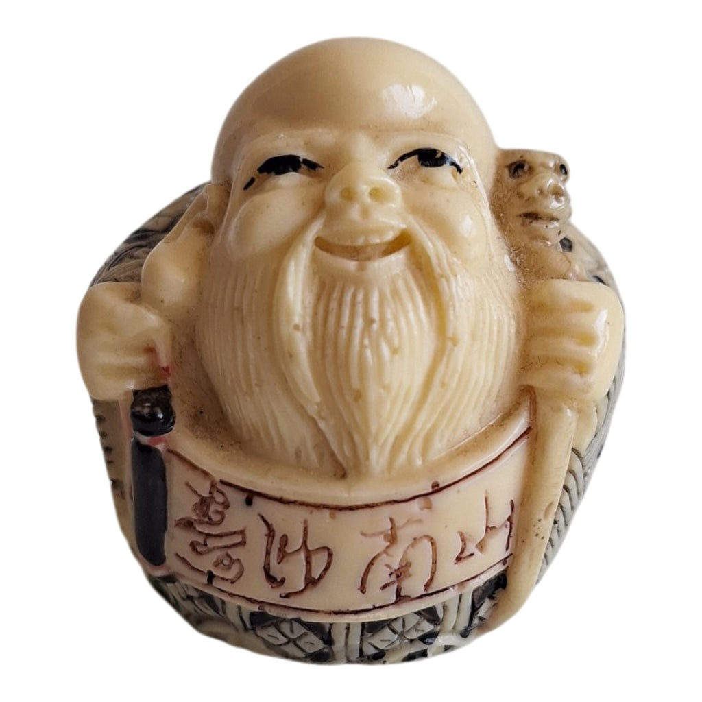 Netsuke Wijsgeer Beeldje - Ivoorkleurig met Kalligrafie