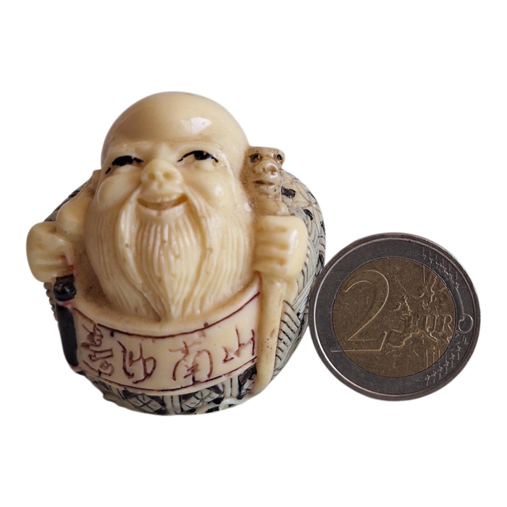 Netsuke Wijsgeer Beeldje - Ivoorkleurig met Kalligrafie