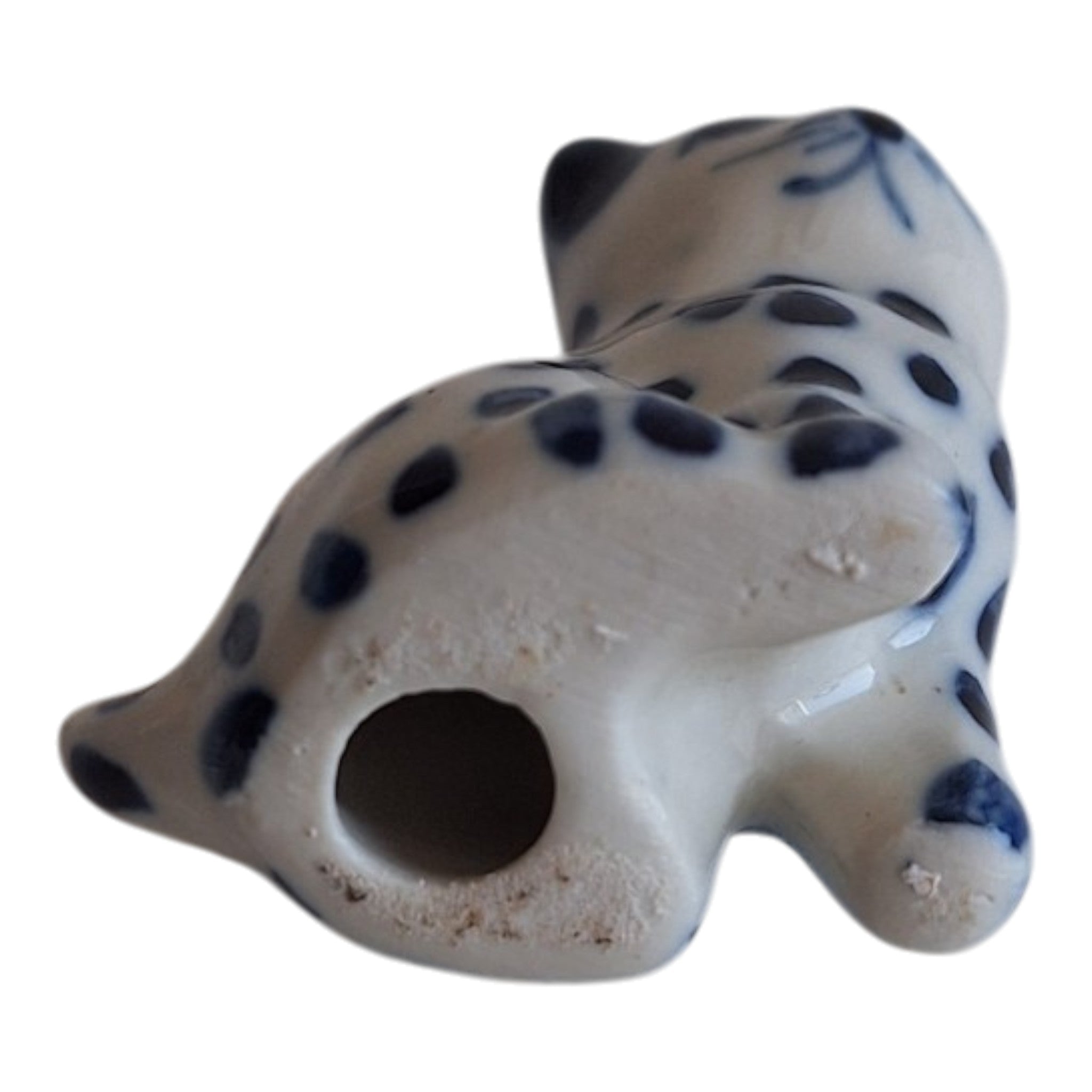 Miniatuur Kattenbeeldje - Blauw-Wit Keramiek - Stippenpatroon