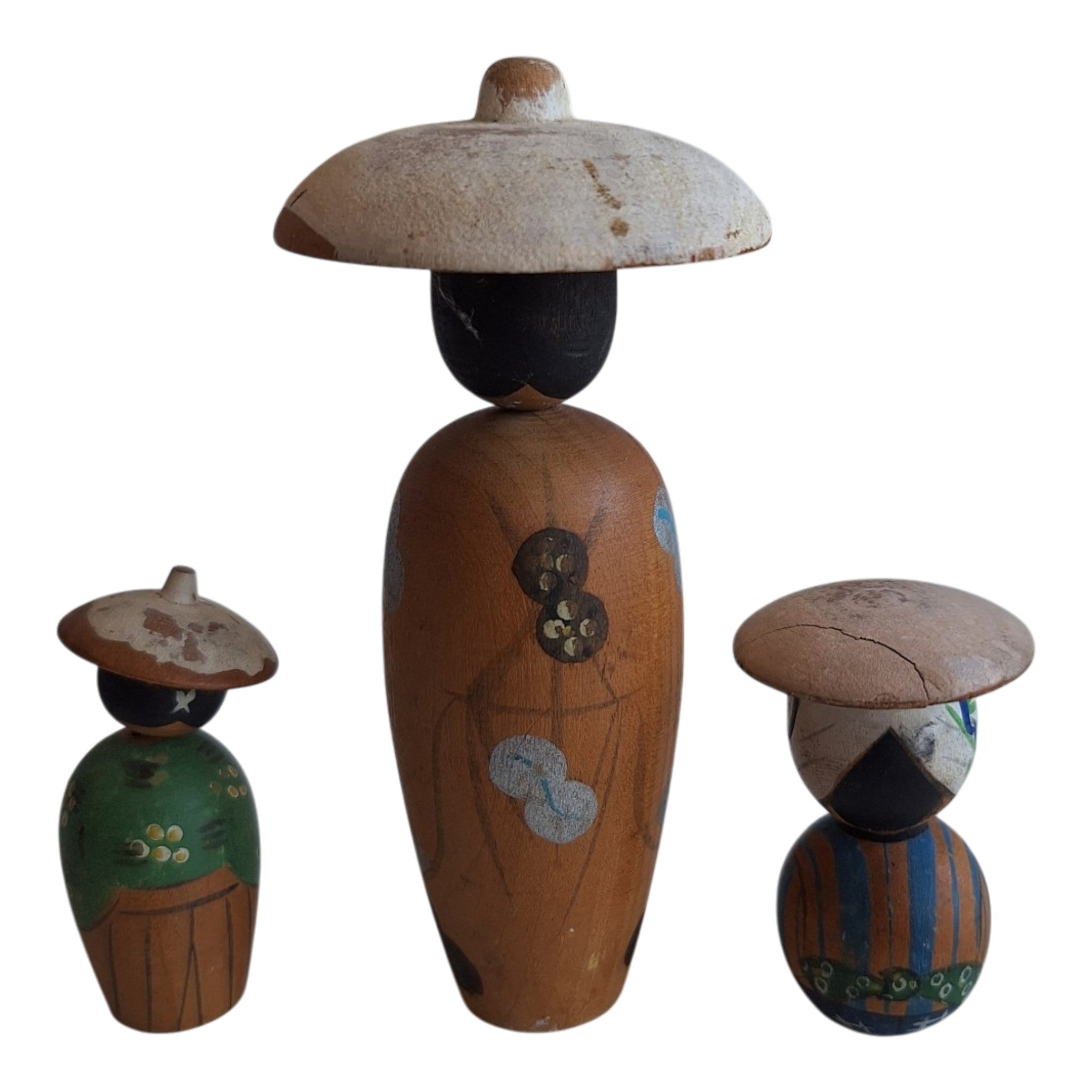 Kokeshi Poppetjes - Set van Drie - Handbeschilderd Hout met Hoedjes