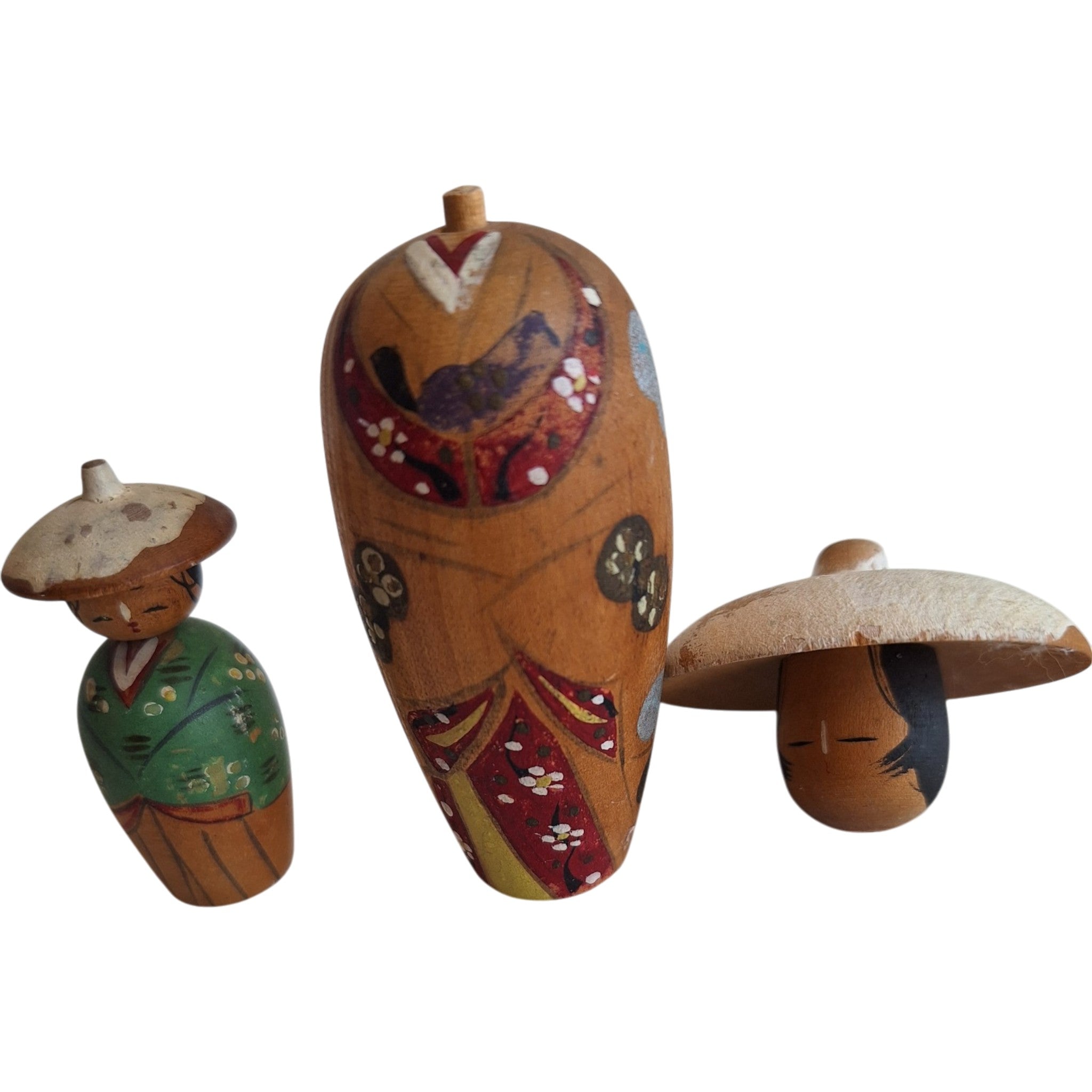 Kokeshi Poppetjes - Set van Drie - Handbeschilderd Hout met Hoedjes