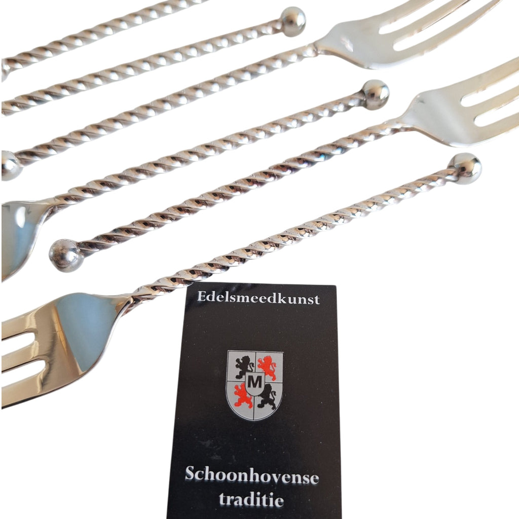 6 verzilverde gebaksvorkjes - Schoonhoven - gedraaide steel