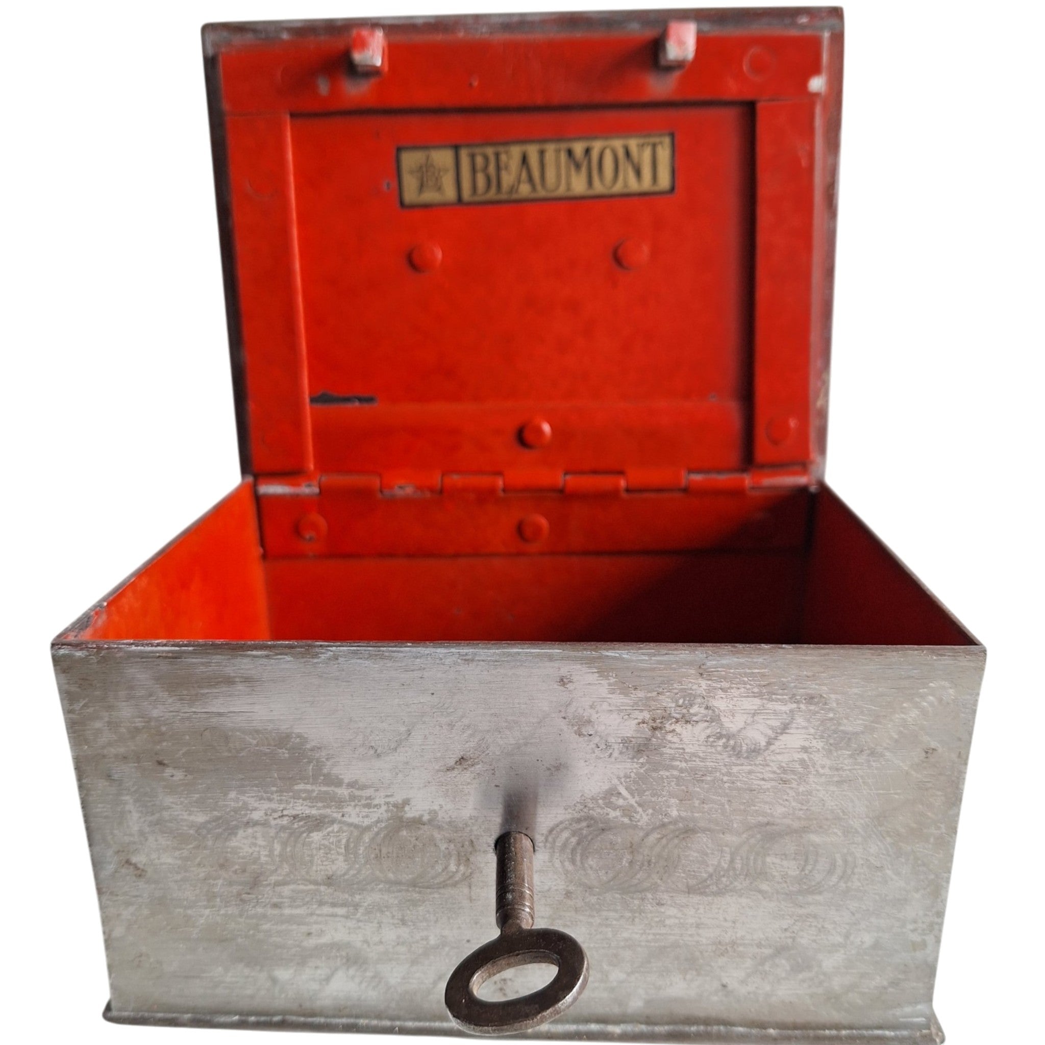 Vintage geldkistje - Beaumont - staal met rode binnenkant en sleutel