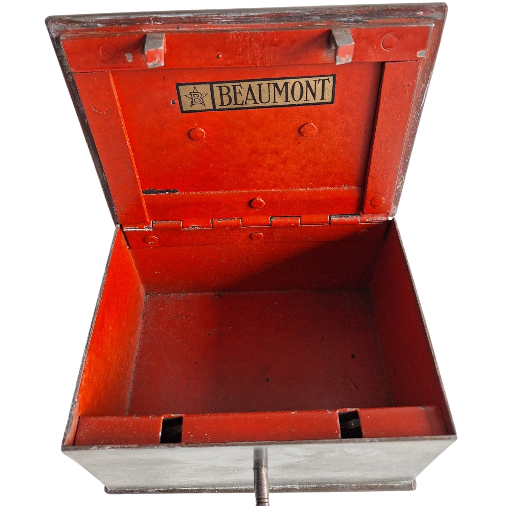 Vintage geldkistje - Beaumont - staal met rode binnenkant en sleutel