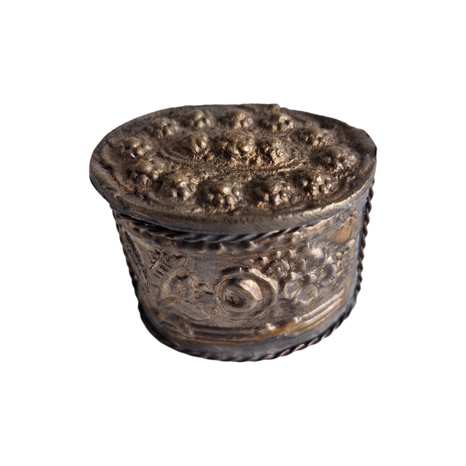 Silver Plated Pill Box with Embossed Floral Motif – Repoussé Technique, Antique Patina