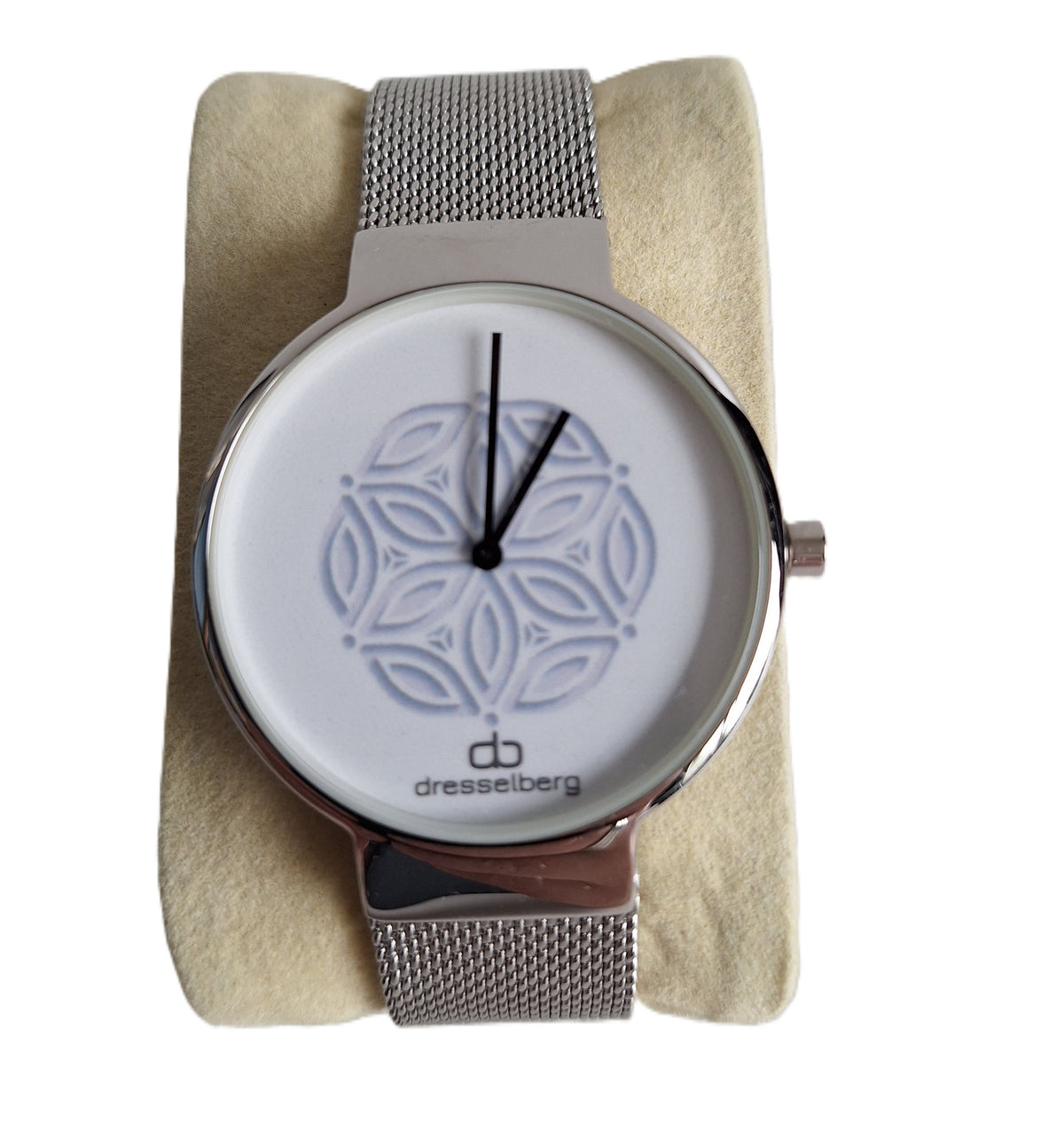 Dresselberg dameshorloge - witte wijzerplaat met blauw bloempatroon en milanese band, 39mm
