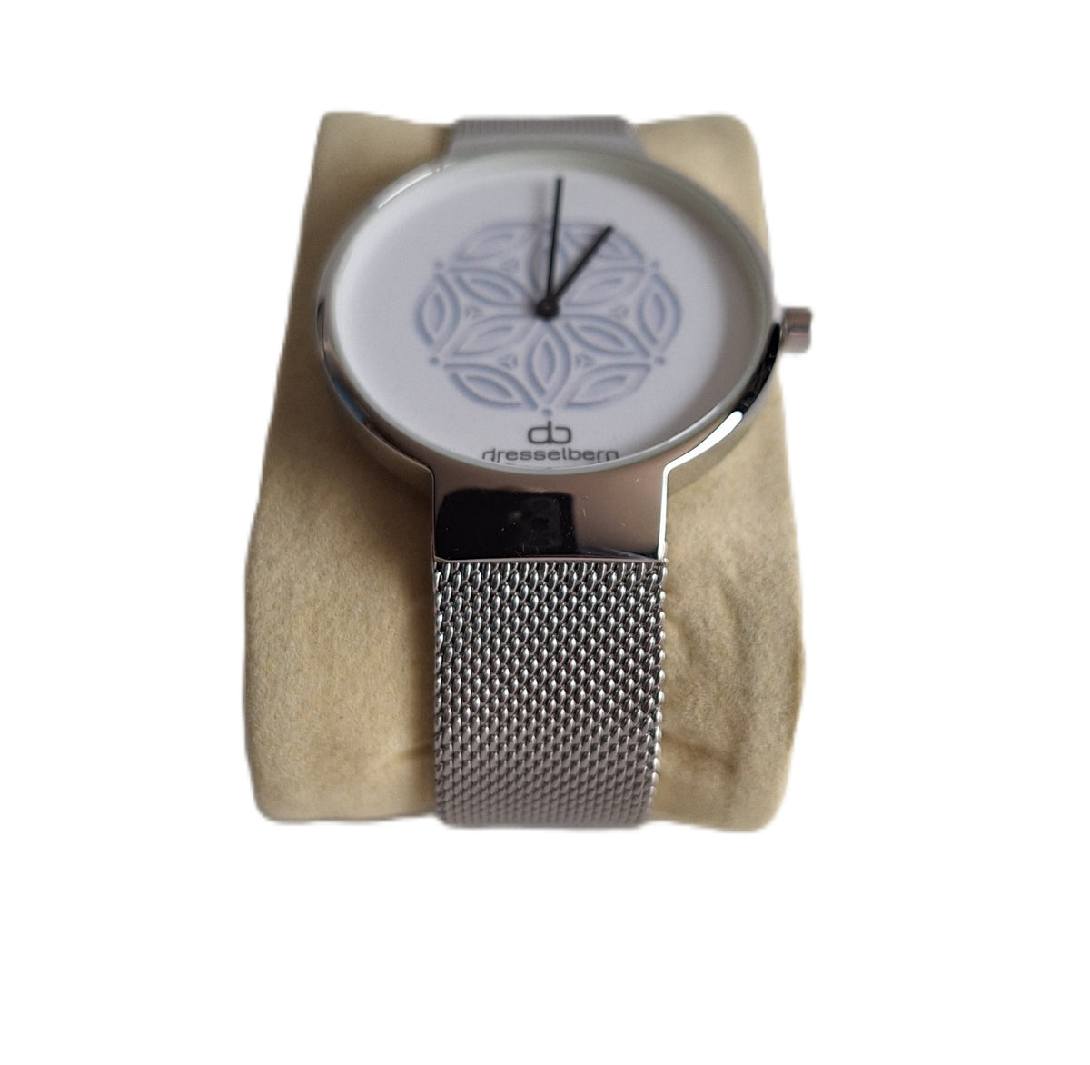 Dresselberg dameshorloge - witte wijzerplaat met blauw bloempatroon en milanese band, 39mm