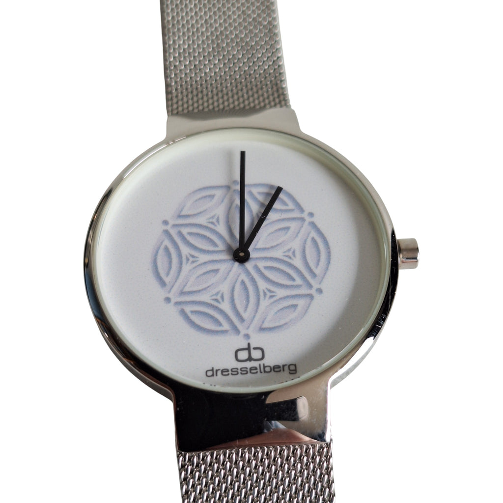 Dresselberg dameshorloge - witte wijzerplaat met blauw bloempatroon en milanese band, 39mm