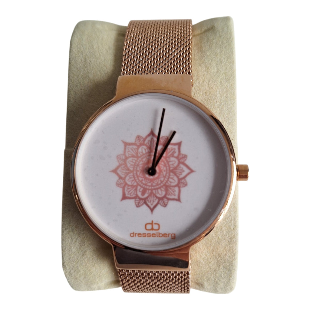 Dresselberg dameshorloge - witte wijzerplaat met mandala-print en rosé milanese band, 39mm