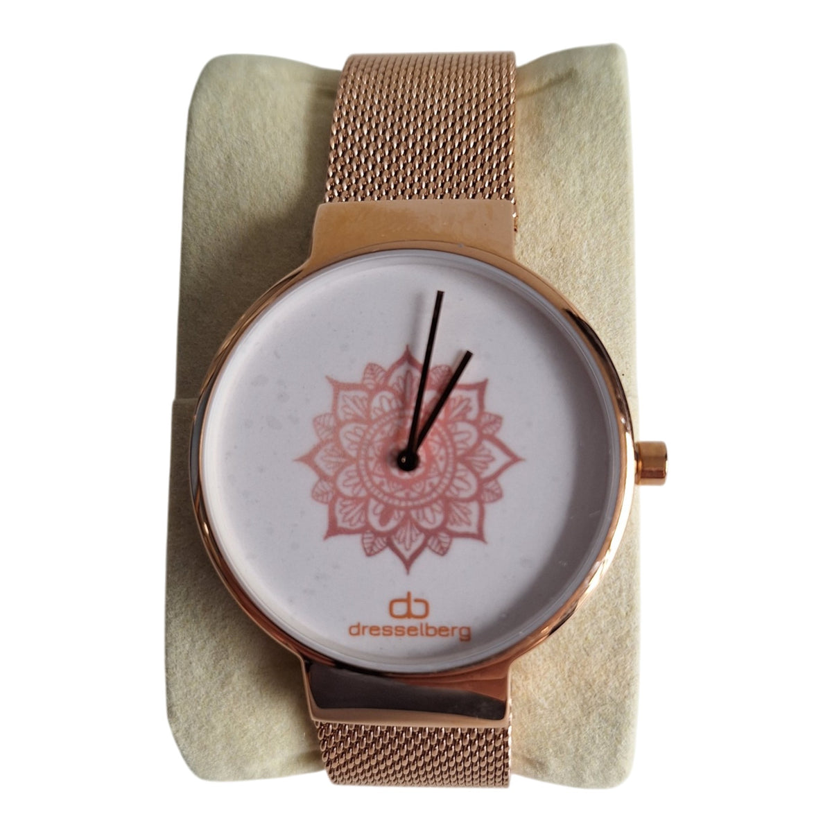 Dresselberg dameshorloge - witte wijzerplaat met mandala-print en rosé milanese band, 39mm