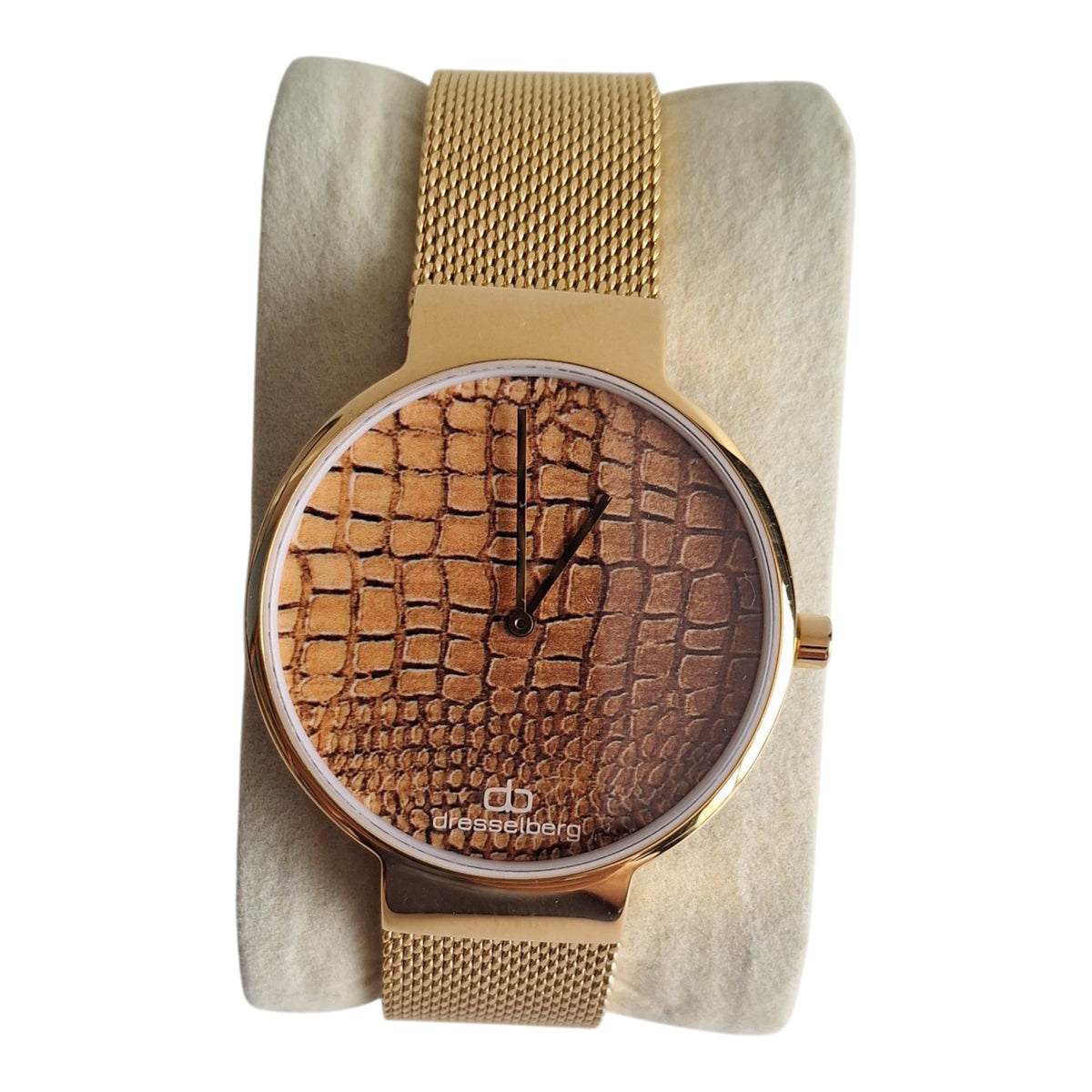 Dresselberg dameshorloge - gouden kast met slangenprint wijzerplaat en mesh band, 39mm