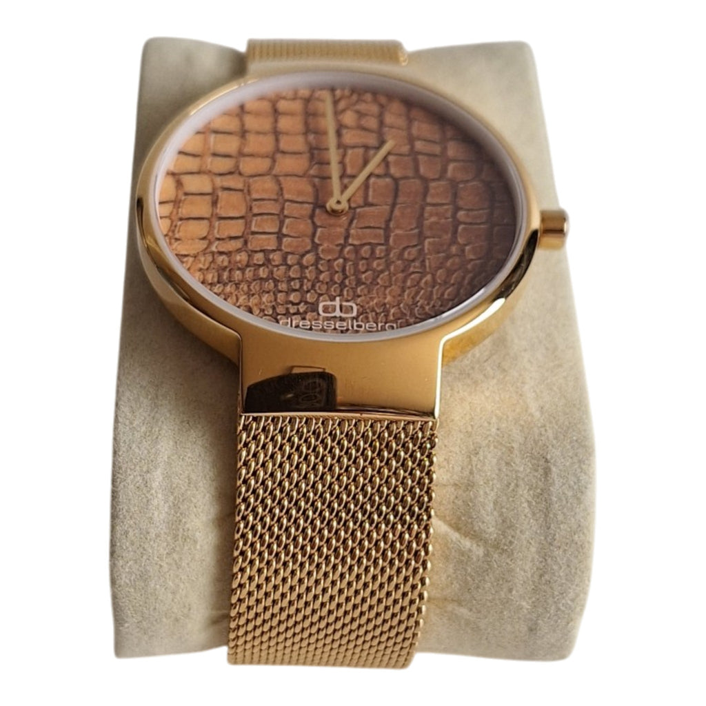 Dresselberg dameshorloge - gouden kast met slangenprint wijzerplaat en mesh band, 39mm
