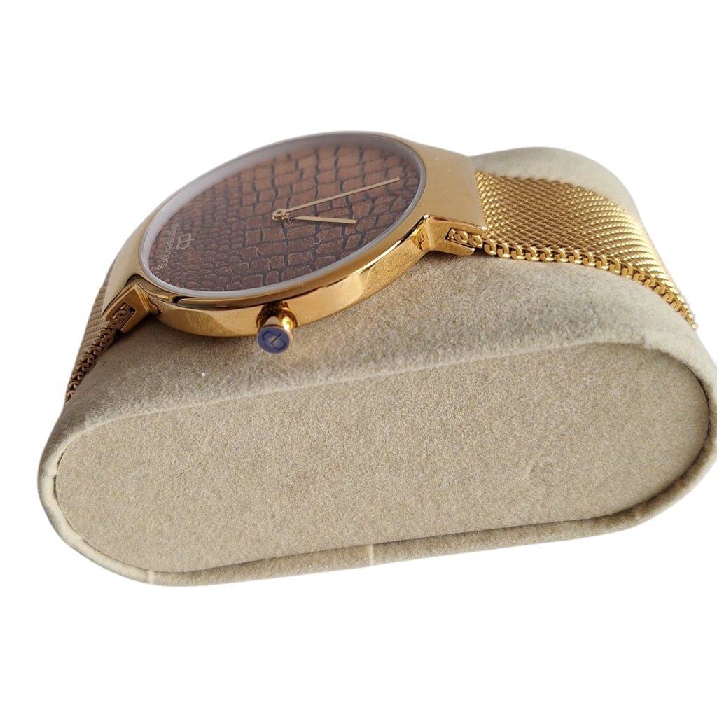 Dresselberg dameshorloge - gouden kast met slangenprint wijzerplaat en mesh band, 39mm