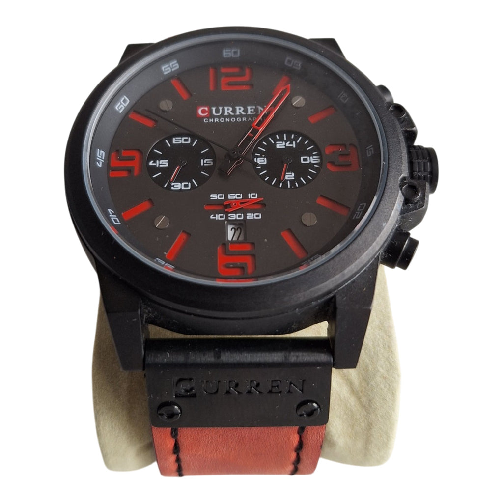 Curren 8314 herenhorloge - zwart met rode accenten en rood leren band, 47mm