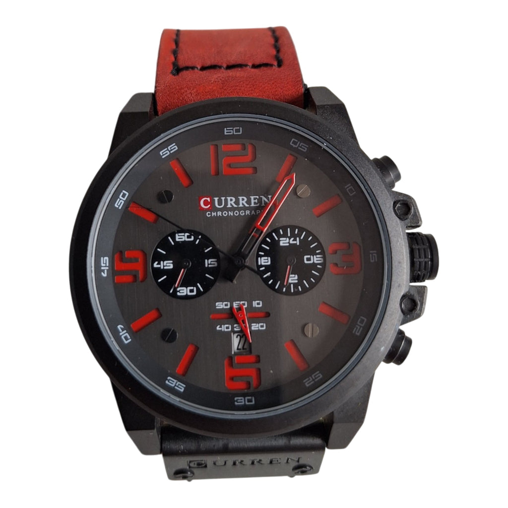 Curren 8314 herenhorloge - zwart met rode accenten en rood leren band, 47mm