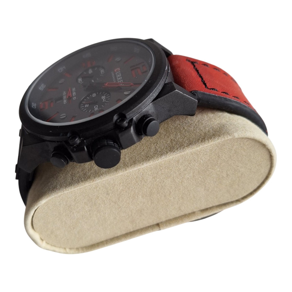 Curren 8314 herenhorloge - zwart met rode accenten en rood leren band, 47mm