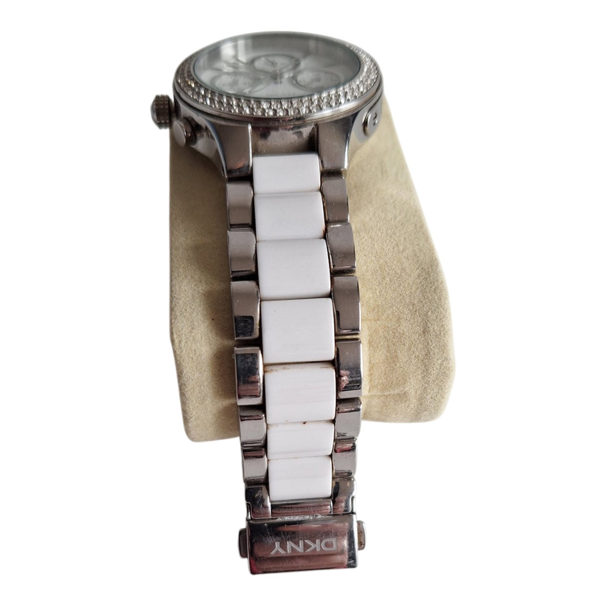 DKNY NY8181 dameshorloge - wit keramiek met strass-bezel en stalen band, 39mm