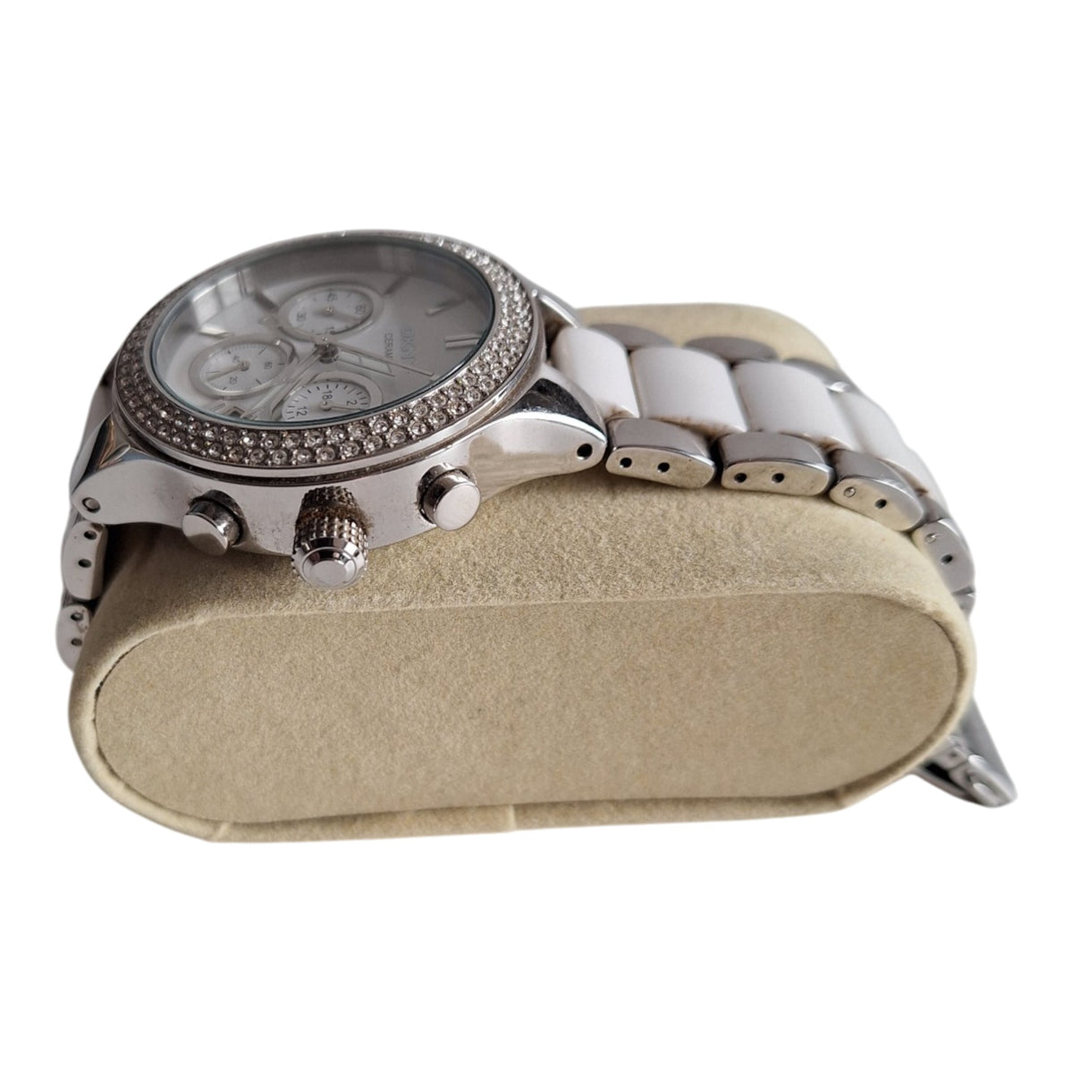 DKNY NY8181 dameshorloge - wit keramiek met strass-bezel en stalen band, 39mm
