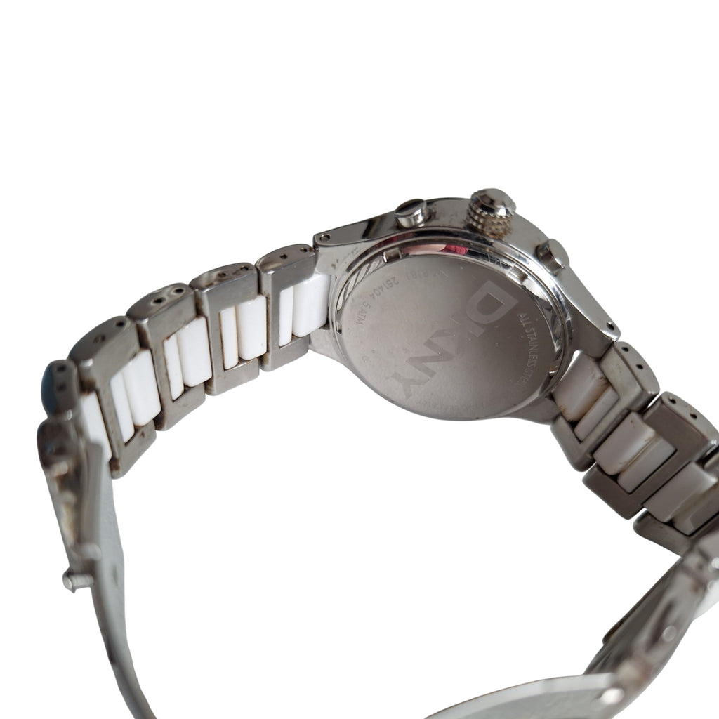 DKNY NY8181 dameshorloge - wit keramiek met strass-bezel en stalen band, 39mm