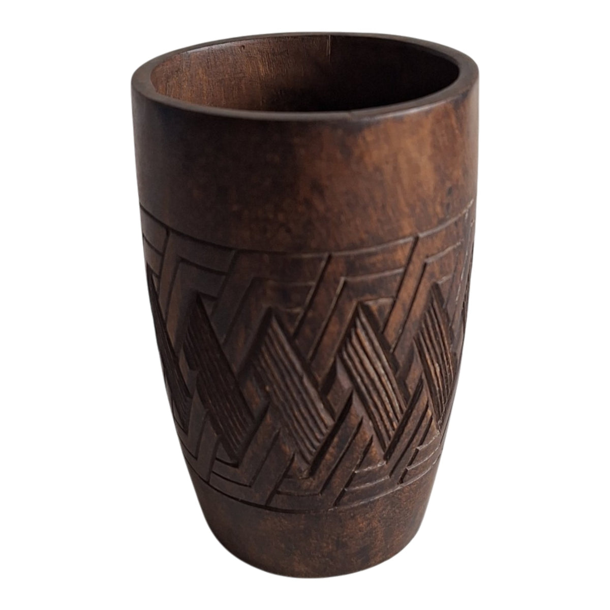 Kuba palmwijnkop met oor - geometrisch snijwerk uit Congo