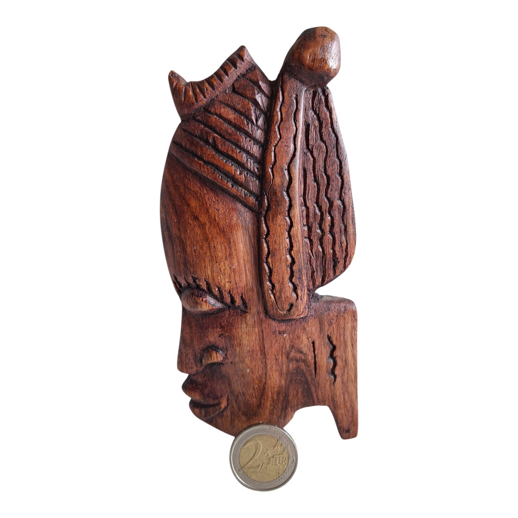 Houten wanddecoratie - vrouwenhoofd in profiel met haardecor