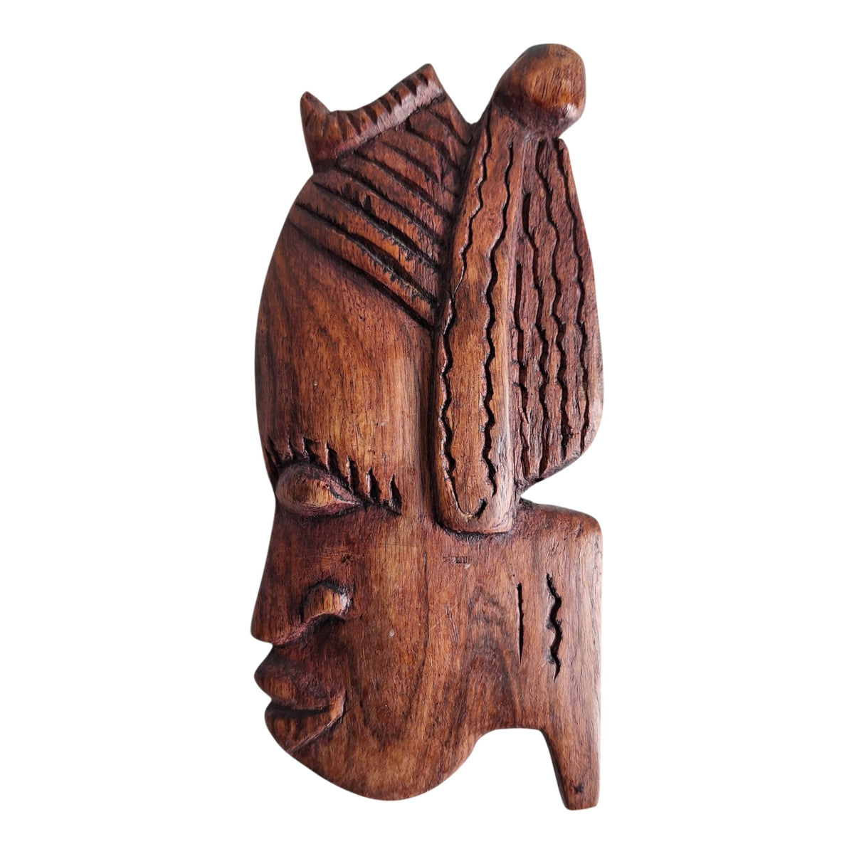 Houten wanddecoratie - vrouwenhoofd in profiel met haardecor